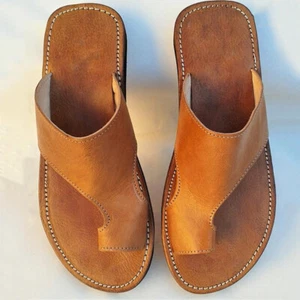 Mens Leather Sandals Shoes Beach Casual Summer Flip Flops Retro Flats Slippers - Picture 1 of 7