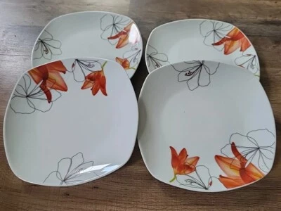 Set of 4 TABLETOPS GALLERY Lily 8" Square Salad Plates Orange Lily Flowers  - Image 1 of 4