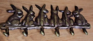 Vintage cast iron Rabbit Bunny Key Rack Holder Wall Hanging 6 Hooks 7” Easter - Picture 1 of 6