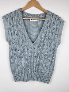 Vtg Riki For Crazy Horse Sweater Vest Gray Chunky Cable Knit V-Neck Preppy 90s M - Picture 1 of 17