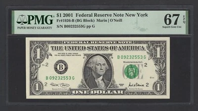 United States-Federal Reserve 1 Dollar 2001 Fr#1926-B (BG Block) UNC Grade 67 - Image 1 of 2