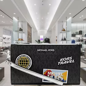 Michael Kors Jet Set Travel Double Zip Wristlet Wallet MK Logo Black Multi - Picture 1 of 6