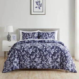 Comforter Set Queen Size, 7 Piece Navy Blue Floral Comforter Bedding Sets, Botan - Picture 1 of 6