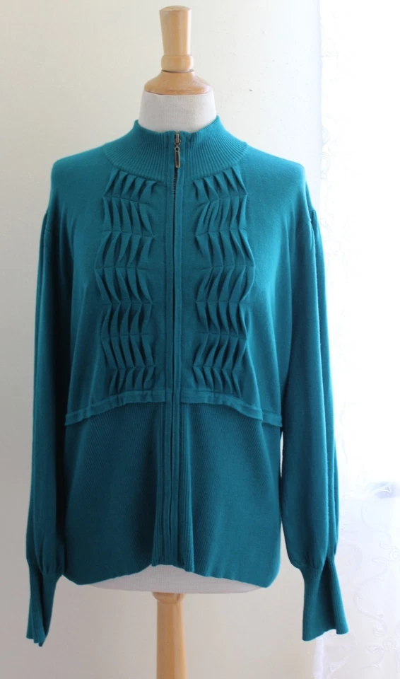 Cárdigan Suéter Chaqueta Marc Bouwer Talla 2X Verde Azulado Ropa Artística Boho Plisado Funky Cremallera Foto 1 de 4