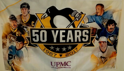 Pittsburgh PENGUINS 50 Years FLAG Crosby Lemieux 1967-2017 Hockey SGA - NEW Cover