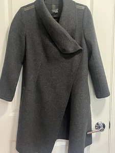 Vince Wool Blend Draped Coat Womens Sz S Dark Gray Leather Trim Asymmetrical - Picture 1 of 12