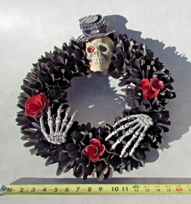 Spooky Skeleton & Roses Black Wood Chips 16" Haunted HALLOWEEN WREATH Decoration - Image 1 of 4
