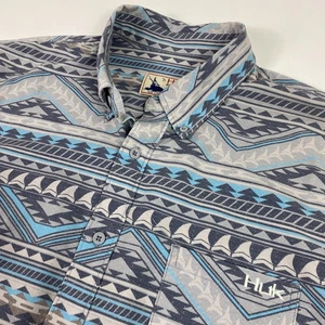 Huk Performance Fishing Shirt Mens XL Blue Gray Aztec Button Front Short Sleeve - Picture 1 of 12