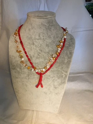 2 wundervolle echte Perlen Keshiperlen-Korallenkette +Koralle+Anhänger - Bild 1 von 4