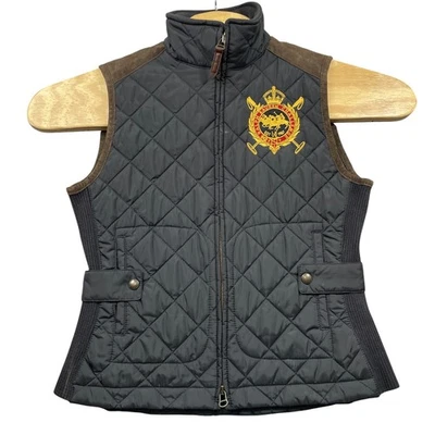 Ralph Lauren Sport Mediano Azul Marino Marrón Acolchado Chaleco Borde de Cuero Cremallera Completa Para Mujer Foto 1 de 4