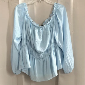 Western Womens Top Plus Size 2XL Blue Ruffle Balloon Sleeve Peplum Boho 18432 - Picture 1 of 10