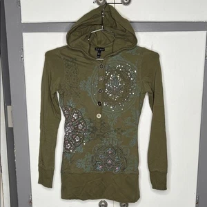 FANG Damen Sweatshirt tailliert Hoodie grün Fee Grunge Small Boho Y2k Pailletten - Bild 1 von 11