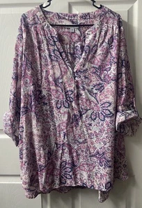 Kim Rogers Top 3X Plus Sized Womens Pink Paisley Boho Roll Tab Pop Over Blouse - Picture 1 of 8