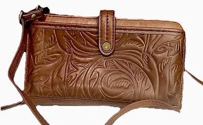 Бумажник-клатч через плечо Sak ручная работа кожа цветочный коричневый ремешок на молнии вокруг - Изображение 1 из 4