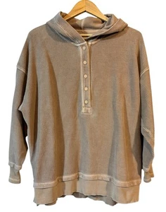 Aerie Textured Henley Hoodie Womens M Oversized Snap Sweatshirt Ribbed Tan - Picture 1 of 7