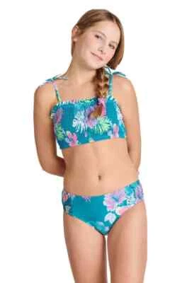 Traje de baño bikini Justice Girls verde azulado floral 2 piezas parte delantera ajustada talla 12-14 Foto 1 de 4