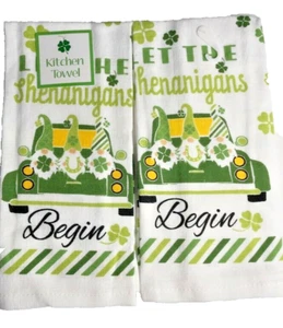 St Patrick's Day Kitchen Dish Towels Let The Shenanigans Begin Gnomes Set of 2 - Picture 1 of 12