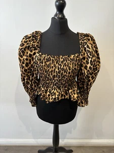 Zara Leopard Print Crop Top Stretch Puff Ball Sleeves Size Large - Picture 1 of 9