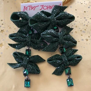 Authentic Betsey Johnson Earrings Lucky Green Bows, Emerald Rhinestones NWT - Picture 1 of 11
