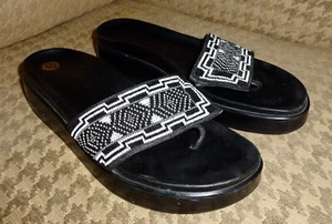 DONALD PLINER *FIFI* BLACK & WHITE BEADED WEDGE THONG SANDALS - LADIES 10 - Picture 1 of 6