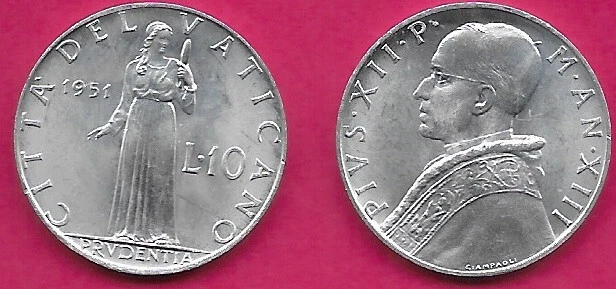 VATICAN CITY 10 LIRE 1951 UNC OPE PIVS XII,PRUDENCE STANDING AND DATE DIVIDES VA - Image 1 of 1