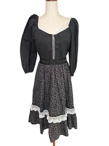 Vtg Prairie Dress Small Cottagecore Midi Black Ditsy Floral Lace Gunne Ruffle - Picture 1 of 18