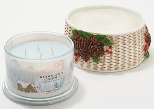 NEW HomeWorx by Harry Slatkin 18oz Woodland Cabin Candle & Basketweave Pedestal - Picture 1 of 3