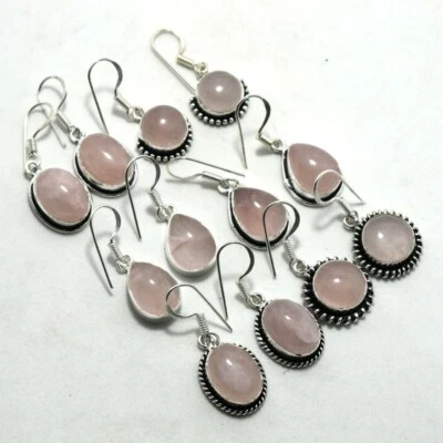 Lote de pendientes de cuarzo rosa con piedras preciosas enchapados en plata de ley 925 al por mayor para mujer Foto 1 de 3