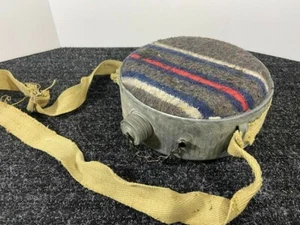 Vintage 2 Qt Round Canteen Galvanized Metal Wool Blanket Covering. Canvas Strap - Picture 1 of 9