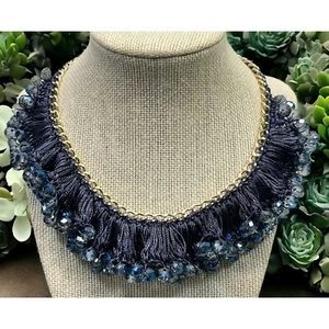Vintage Blue Beaded Necklace Choker Crochet Bib Silver Tone 14" Long - Picture 1 of 6