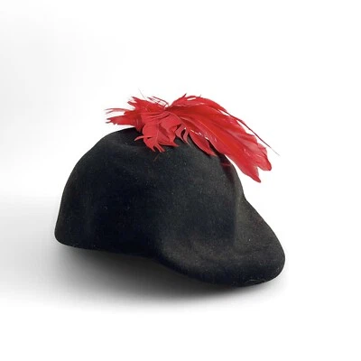 Vintage Womens Black Felt Cocktail Wedding Hat Red Feather Medium - Image 1 of 4