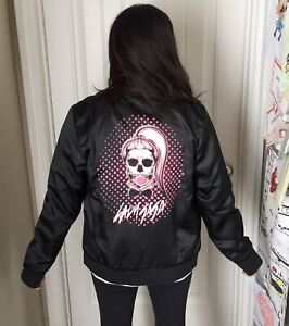 Lady Gaga Black Satin Skull Concert Zip Bomber Jacket RARE M/L