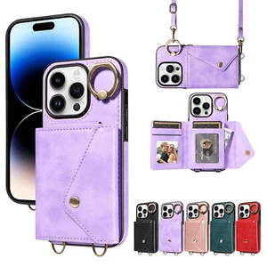 Für iPhone 16 15 Pro Max 14 13 12 11 Crossbody Leder Wallet Ring Ständer Hülle - Bild 1 von 73