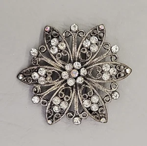 Flower Brooch Gunmetal AB Clear Rhinestones Filigree Round Jewelry Pin 2.25" - Picture 1 of 12