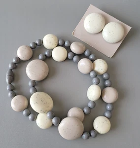 Vintage 86' Avon Sand Pebbles Tan Grey Flecked Beaded Necklace & Earring Set - Picture 1 of 18