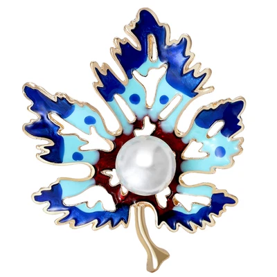 Винтажная брошь из синего кленового листа эмаль жемчуг золото осень осень булавка ювелирные изделия подарок сделано в США - Изображение 1 из 4