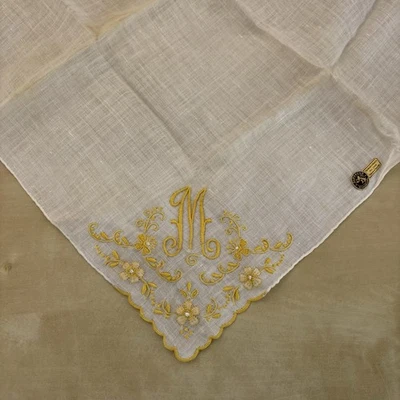 Vtg Hankie W/ Tag Gerbrend Madeira Embroidered Linen Monogram M Yellow - Image 1 of 4