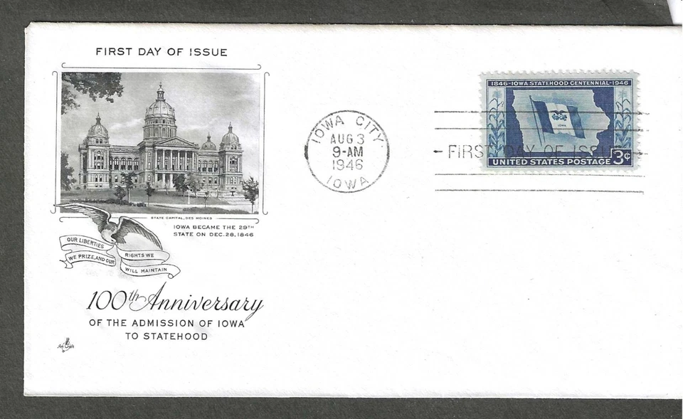 #941 3c IOWA FDC-IOWA CITY,IOWA AUG 3-1946 ARTCRAFT CACHET - Image 1 of 1