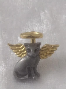 Guardian Angel Pewter Cat Gold Tone Halo, Wing  Sitting Grey Cat Lapel Pin - Picture 1 of 4