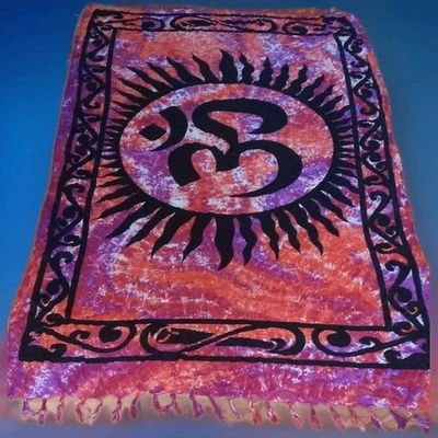Hand Dyed & Made OM Mandala Indian Wall Hanging Throw Wrap Tapestry Orange 40x66 - Image 1 of 4