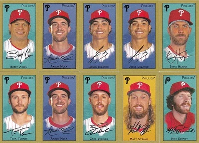 Lote de 10 Topps T205 Phillies 2025, incluyendo lámina de hoja de oro, espalda soberana Foto 1 de 2