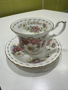 ROYAL ALBERT FLOWER OF THE MONTH OCTOBER COSMOS TEA CUP AND SAUCER - Picture 1 of 6
