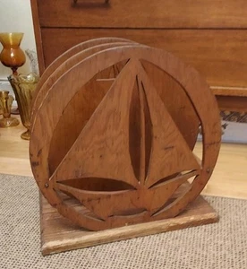 Vintage Teak? Wood SAILBOAT SHIP NAUTICAL BEACH HOUSE Newspaper Magazine Rack - Picture 1 of 13