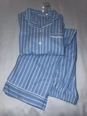 Conjunto de pijama feminino National azul listra branca algodão flanela manga longa retrô - Imagem 1 de 4