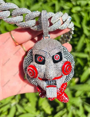 万圣节日礼物送给他 VVS 莫桑石黑色和红色珐琅脸吊坠 925 SS — 第 1/4 张图片