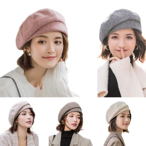 Women Winter Autumn Warm Check Pattern French Artist Round Beret hat Cap Beanie - Picture 1 of 17