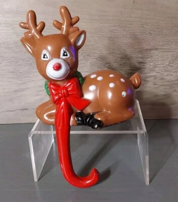 Vintage Reindeer Bow Scarf Christmas Stocking Hanger Shelf Sitter Hard Plastic - Image 1 of 4