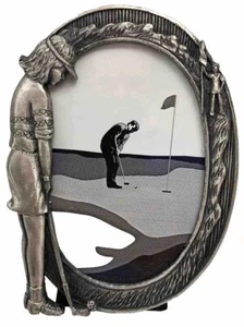 Photo Picture Frame with Easel Metal Female Golfer Oval Desk Pewter 5.5” Tall - Picture 1 of 9