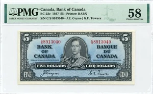 1937 $5 Bank of Canada - Choice About Uncirculated, BC-23c, PCGS AU58 - Picture 1 of 2