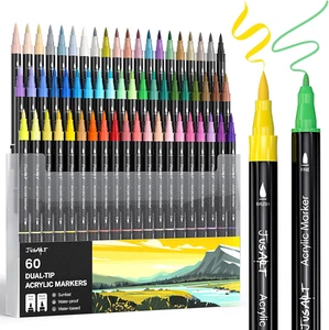 60 Colors Dual Tip Acrylic Paint Pens Markers, Brush and Fine Tip, Premium Paint - Picture 1 of 8